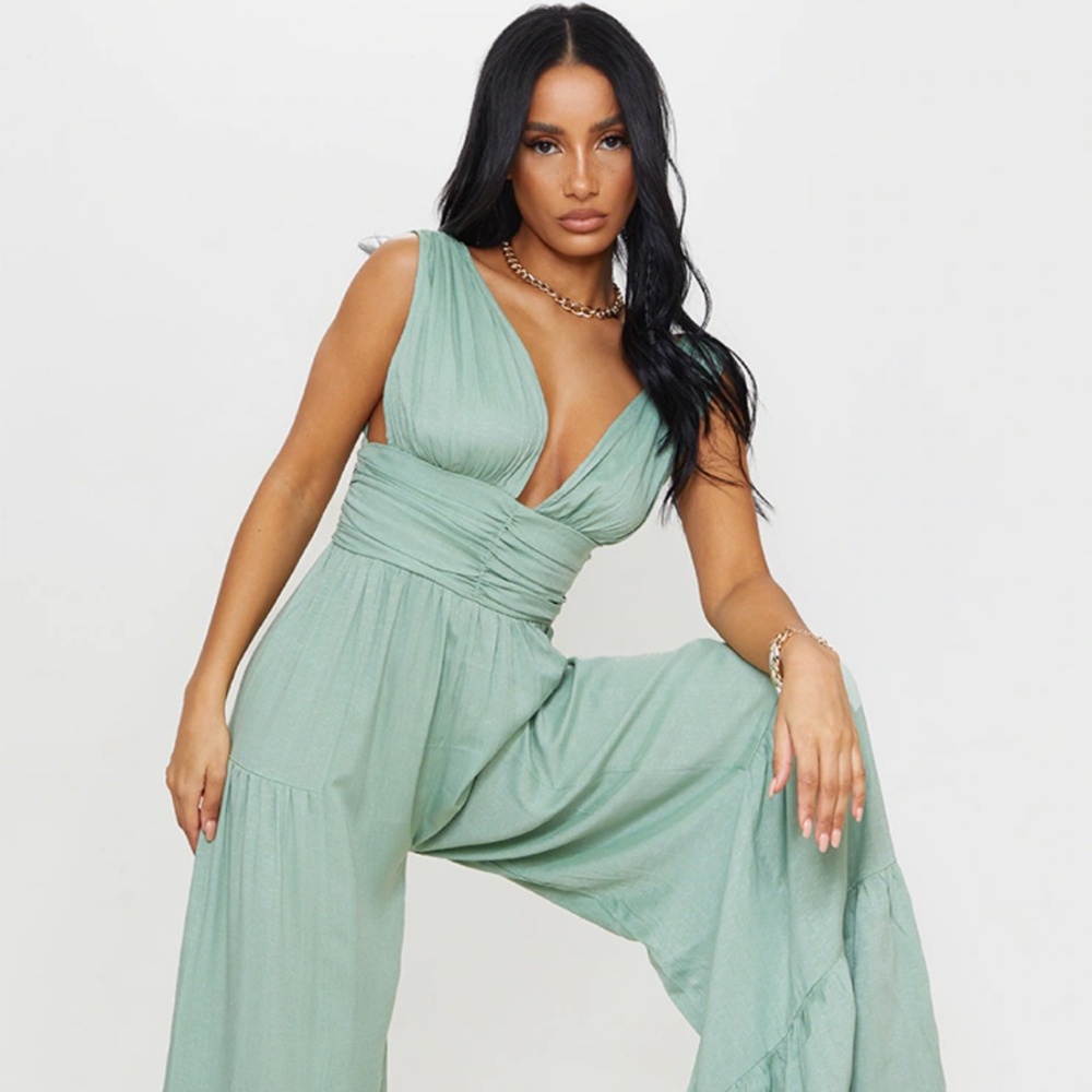Sage Green Linen Look Plunge Tiered Wide Leg Jumpsuit